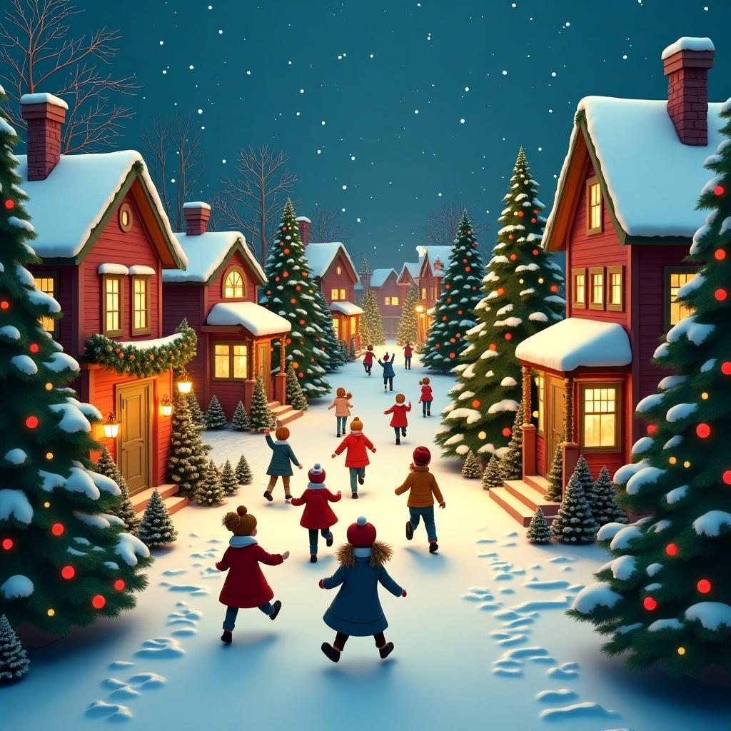 Christmas village scene with Christmas trees. Many children running around. Houses decorated with holiday lights and Christmas decorations.