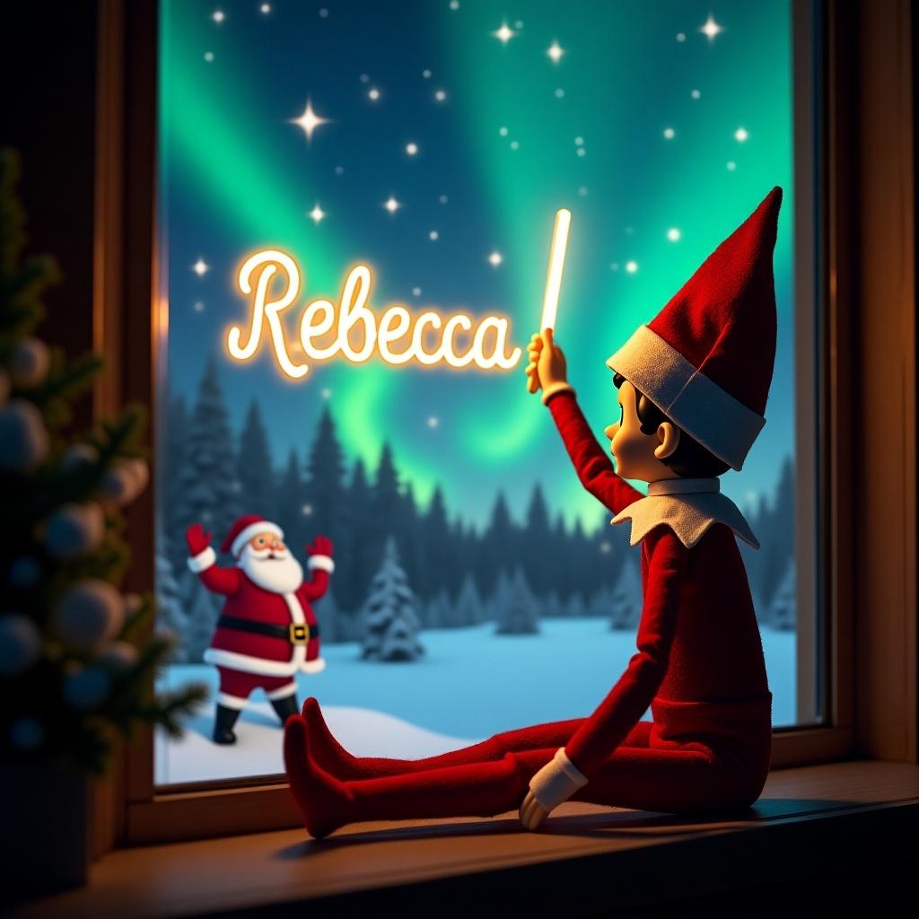 This image features an elf on the shelf character, dressed in traditional red and white attire. The elf holds a glow stick that forms the name 'Rebecca' in bright, soft light. The background is dark, enhancing the glowing effect of the text. The scene creates a warm, festive atmosphere, embodying the joy of the holiday season. A snowy landscape can be seen outside the window, with Santa waving, and the enchanting sky filled with northern lights.