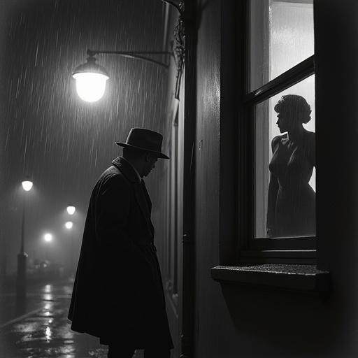 Gritty scene of a detective under a streetlight in the rain. He looks up at a woman's silhouette in a window on the second floor. The image has a grainy black and white effect.