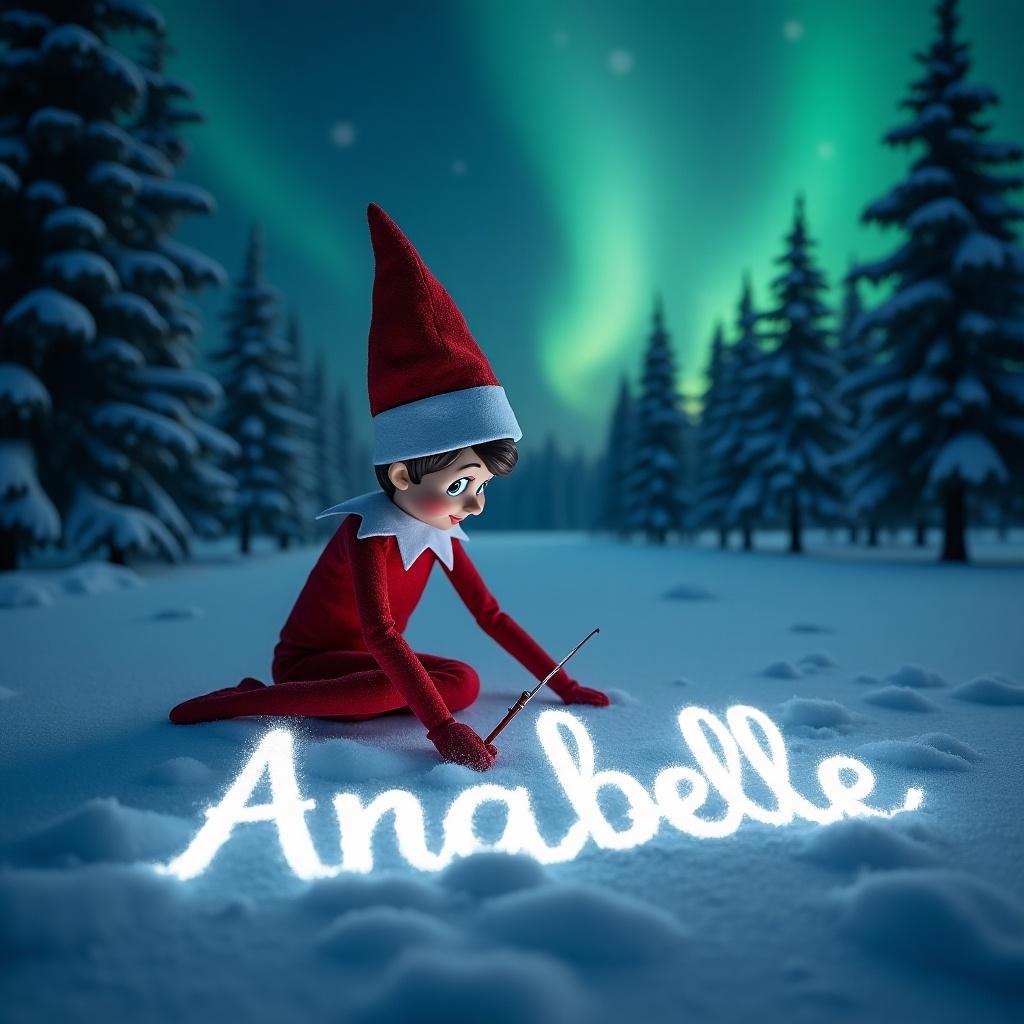 Elf on the shelf creates magic in snow writing Annabelle with northern lights illuminating the scene.