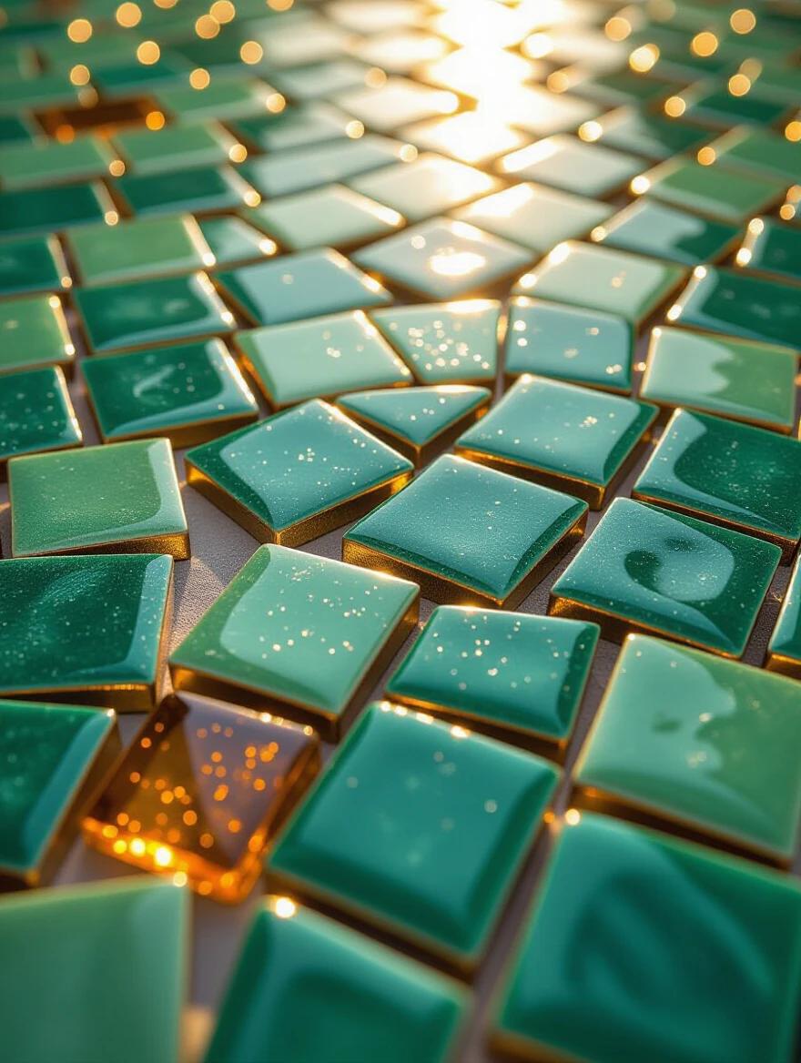 Close-up of hand-glazed ceramic mosaic tiles in shades of emerald green and teal with translucent amber accents. Arranged in a dense pattern filled with smooth glossy surfaces. Light creates warm golden highlights with a sparkling effect. Metallic gold outlines the edges of tiles, enhancing luxury feel. Low viewpoint emphasizes intricate design and depth. Evokes a sense of enchantment and wonder.