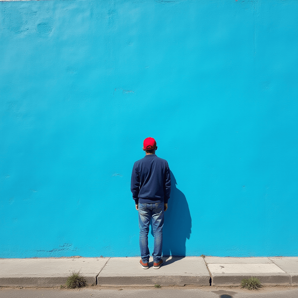 A person in casual attire stands facing a bright blue wall, creating a striking contrast.