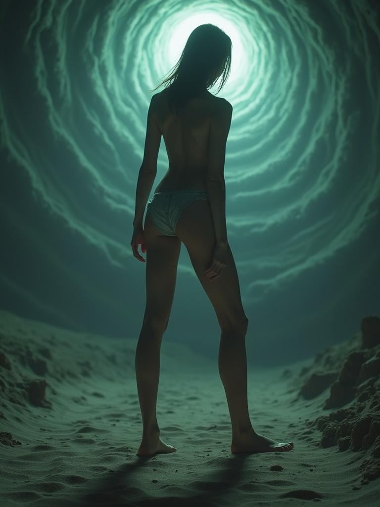 A silhouette of a woman standing in a spiral light underwater. The focus is on feet and legs. Background shows a spiral design leading to a light source. The scene evokes a sense of mystery and calmness.