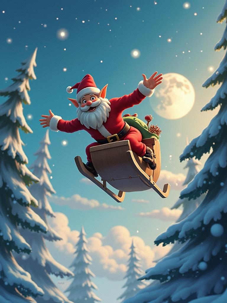 Cheerful elf dressed in red soaring through a starlit sky. Sleigh full of gifts. Surrounded by snowy evergreen trees. Full moon glowing in the background. Joyful holiday scene.