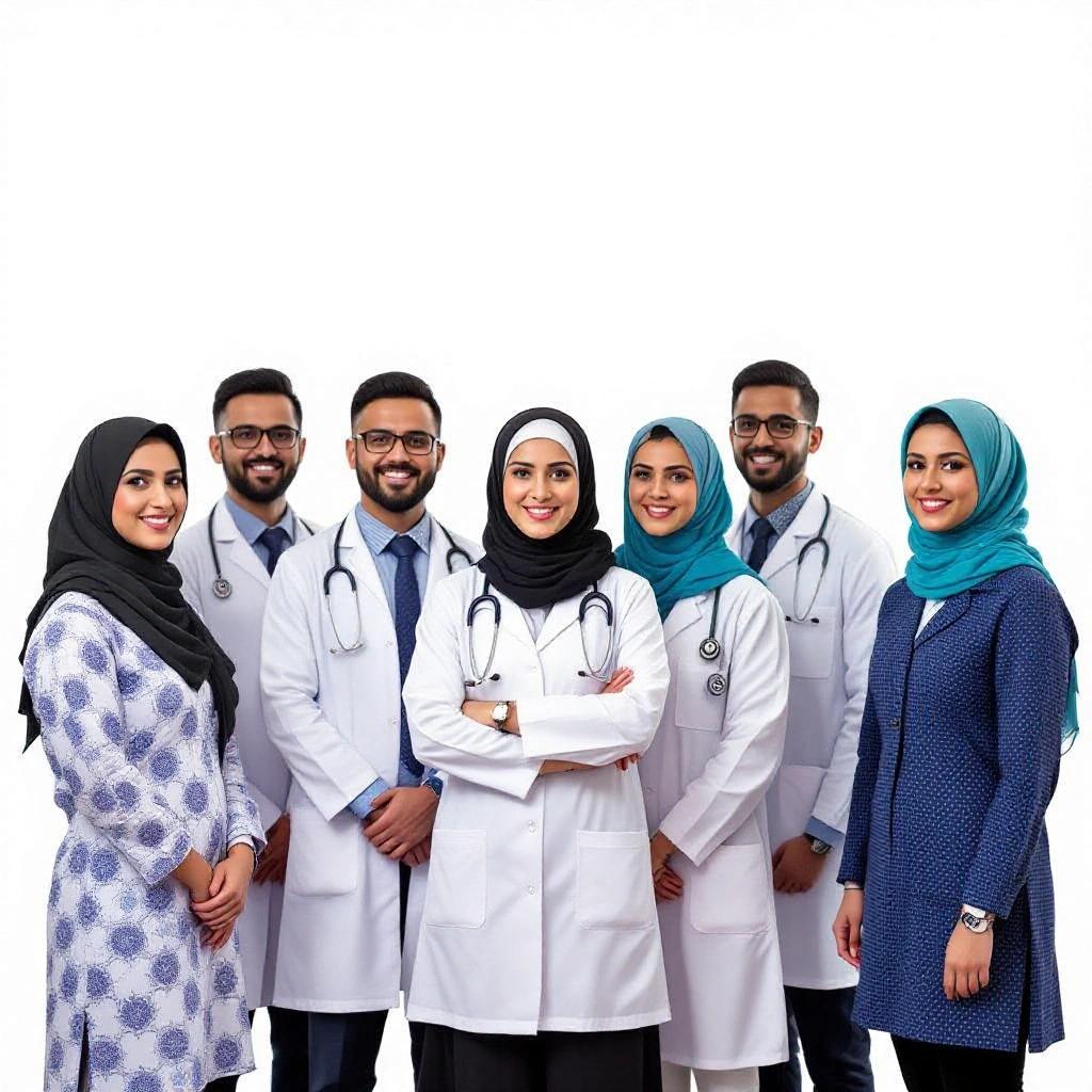 Group of male doctors and female doctors wearing hijabs in a simple background posing together