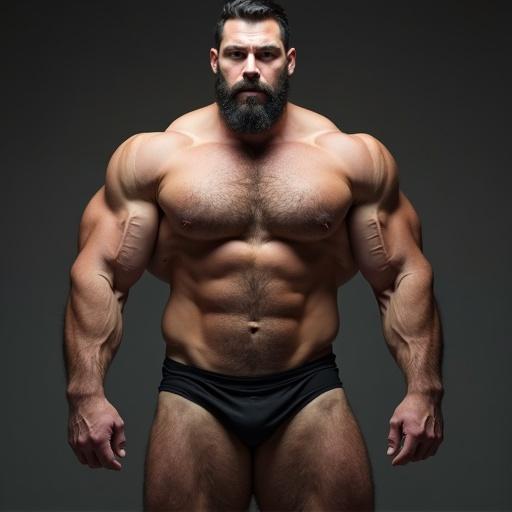 A very muscular man with a hairy chest and abs stands confidently. He has a small beard and is wearing short trunks. The lighting emphasizes his size and definition.