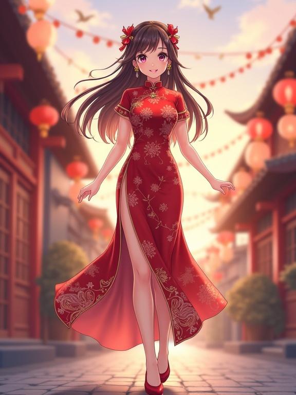 Anime-style illustration of a girl in a cheongsam. She walks confidently with a cheerful expression. The dress is red with intricate patterns. Background features a city street with lanterns. The scene is warmly lit in the evening sky. Vertically oriented for smartphone wallpaper.