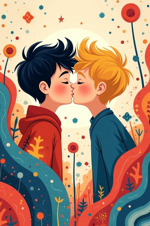 Two boys engage in a kiss in a vibrant and abstract scene filled with colors and dynamic forms. The boy with dark hair wears a red hoodie while the blond boy is dressed in blue. The overall atmosphere is cheerful and imaginative.