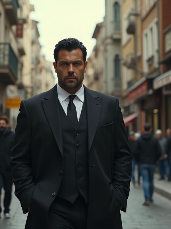 Cinematic portrayal of a confident man in a tailored suit. Busy street in Turkey. Man stands with hands in pockets. Expression is intense and focused. Shot captures urban life.