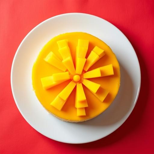 Top shot of a decorated mango pulp cheesecake on a white plate against a red background.