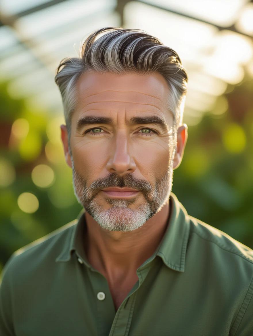 A photorealistic portrait of a silver-haired man in his late 40s with sculpted features and a defined jawline. He has a subtle five o'clock shadow. His eyes are cool gray-green and gaze directly into the lens with quiet intensity. Hair is combed back with a natural wave. He wears a fitted olive-green button-down shirt. Background is a sunlit greenhouse interior with blurred cascading plants and glass reflections.