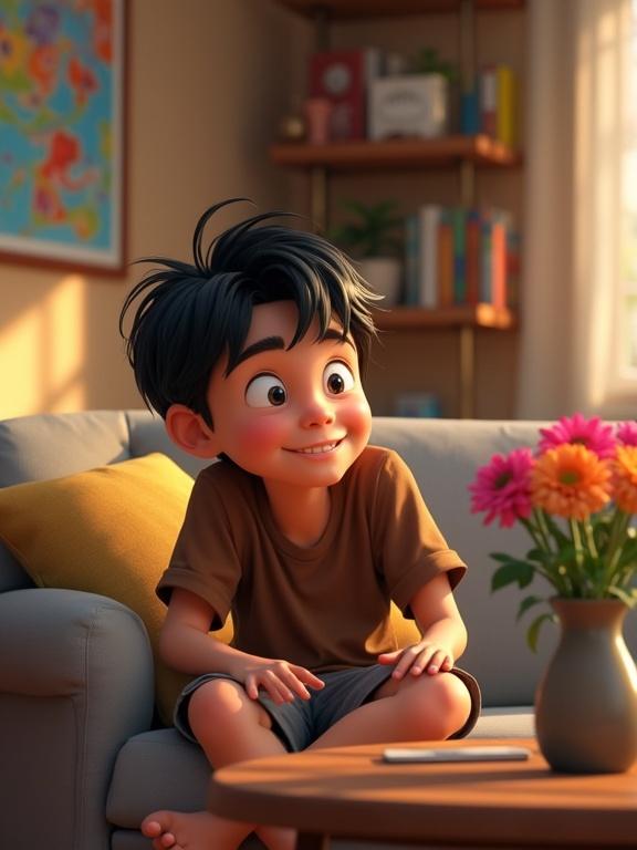 HD shot of animated boy sitting on couch in cozy living room looking at the camera with a big grin. Indoor setting filled with light and colorful decorations with fresh flowers on the table.
