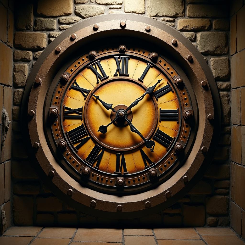 A round vault with a large clock face inside. The clock has a golden surface and black roman numerals. The room is made of stone bricks, creating a rustic feel. The clock is the main focus with dramatic lighting highlighting its features.