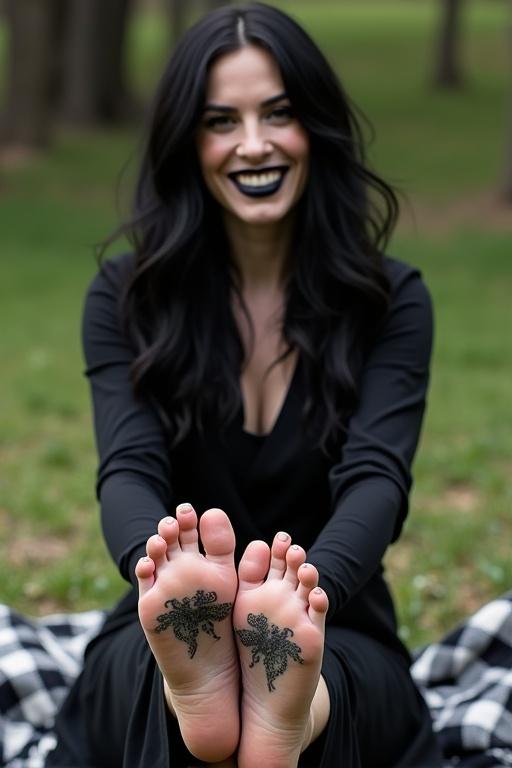 Mature goth woman with long black hair and black lips shows tattooed soles of bare feet. Sitting on a blanket outdoors and smiling.