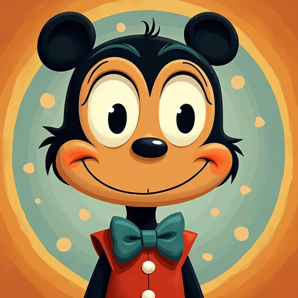 1930s inspired cartoon character features smiley expression with bowtie and round ears. Background includes polka dots in vibrant colors.