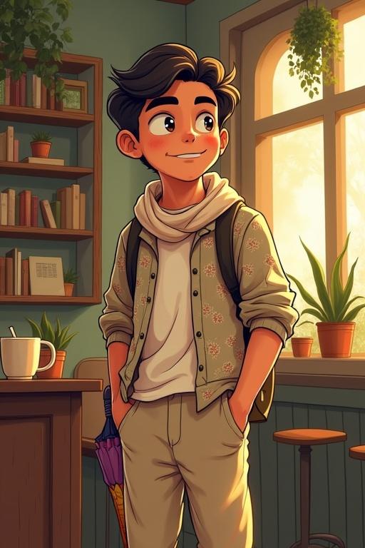 Young man with soft features and sparkling eyes. Wears patterned shirt and loose canvas pants. Holds a worn sketchbook and colorful umbrella. Inside cozy vintage-style café with warm lighting and bookshelves. Surrounded by plants and a warm expression.