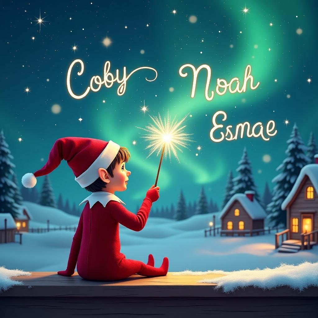 An elf sits on a wooden ledge with its back to the camera, gazing at a magical sky. The elf, dressed in a red outfit with a pointed hat, holds a sparkling wand. With the wand, the elf elegantly writes the names ‘Coby', ‘Noah', and ‘Esmae’ in the starry sky. The background features a snowy landscape with charming little houses and evergreen trees under the shimmering Northern Lights. This whimsical scene captures the essence of childhood magic and Christmas cheer.