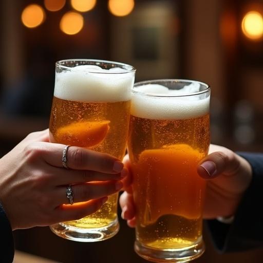 Cinematic close-up of two beer glasses clinking together. Beer filled with golden bubbles and foam. One glass held by a woman and the other by a man. Hands are visible against a dark background with friendly lights.
