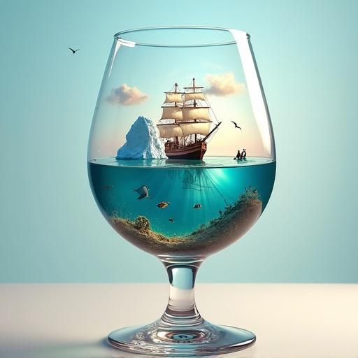 A clear glass contains a miniature world. The bottom shows crystal clear water with a sandy seabed and vibrant fish. A three-masted ship floats near a small iceberg with tiny figures. The upper half features a beautiful sky with clouds and a rainbow. Soft lighting enhances the scene.