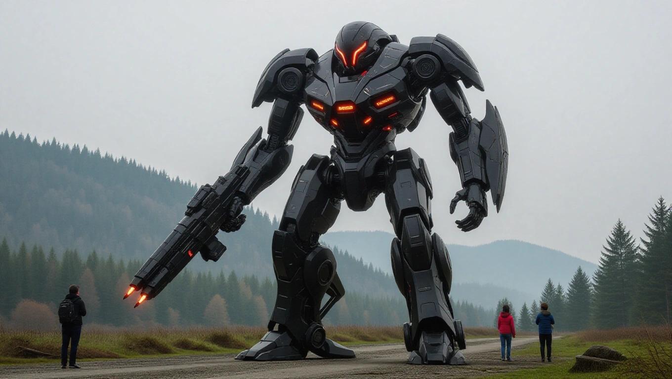 Realistic alien mech with 20 meters height. Equipped with high tech weaponry. Colors primarily black and gray with dark futuristic curves and back thrusters.
