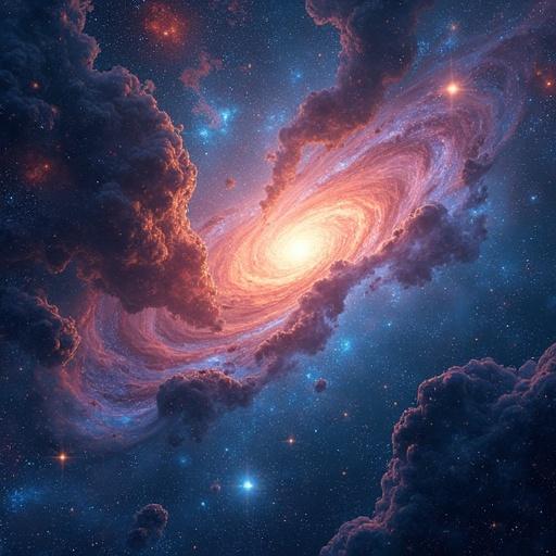 Breathtaking cosmic illustration of the Hubble Nebula. Blend of artistic styles. Vibrant colors swirling. Deep blues fiery reds iridescent purples. Intricate details of stars. Ethereal surreal atmosphere. Captures imagination with otherworldly beauty. Evokes depth and wonder into the heart of the universe.