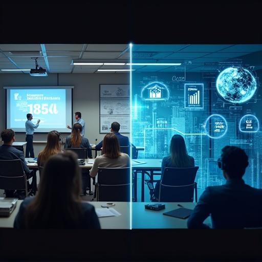 A split-screen layout shows two different training environments. Left side dull classroom where bored employees sit in rows in front of an old projector and a cost poster. Right side futuristic education scene where diverse employees use VR headsets and interact with holograms displaying digital metrics. Glowing icons highlight cost effectiveness, safety, and scalability in a modern tech context. The text 'VR Training: Smarter, Safer, Scalable' is prominently displayed.