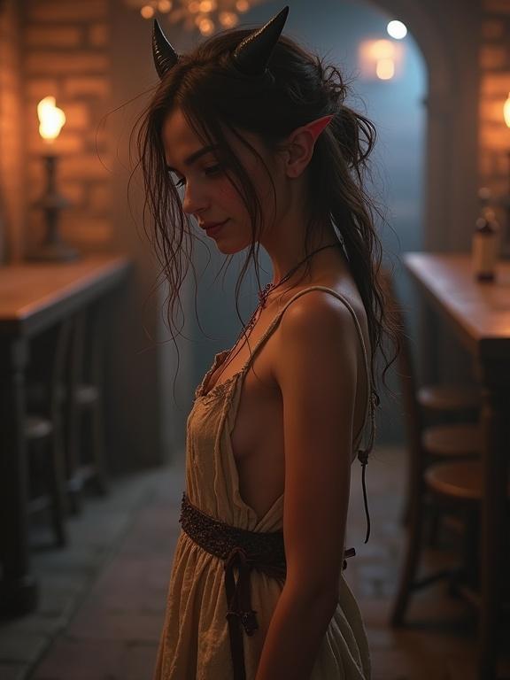 Young woman with horns stands in a dimly lit tavern. She has messy brown hair and light violet skin. Dark red eyes gaze downward. Wearing a simple torn dress and barefoot. Scene is photorealistic with a fantasy aesthetic.