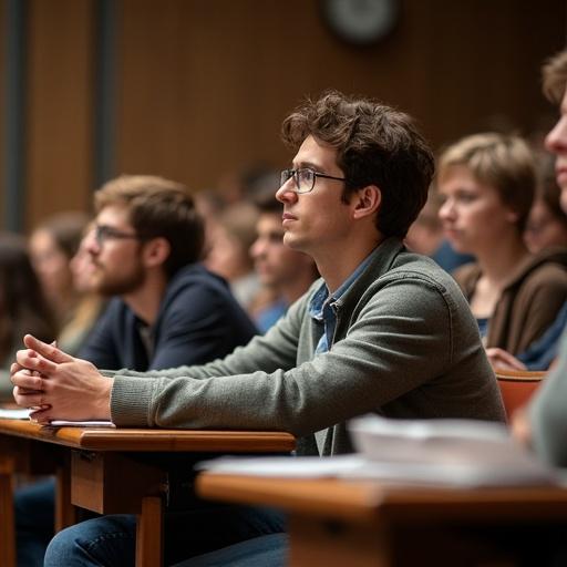 Students attending a lecture in a classroom setting. Focus on attentive individuals. Diverse group of students. Engaged atmosphere. Academic discussions.