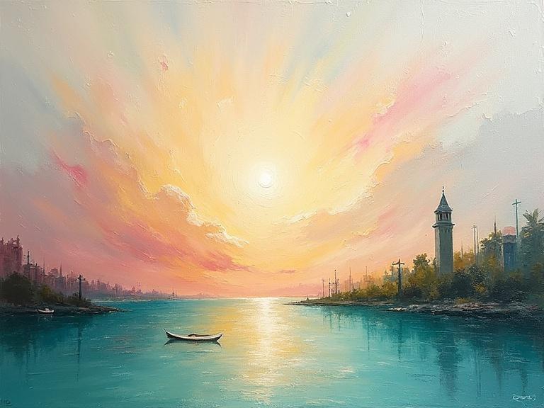 A beautiful sunset over water with a boat in view. Cityscape on one side featuring a tower. Soft pastel colors blend in the sky. Light reflects on the water creating a serene atmosphere.