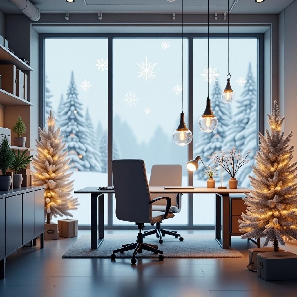 Modern office decorated for Christmas. Features snowy scenery outside the window. Cozy atmosphere with Christmas trees and soft lighting. Sparkling white elements visible.