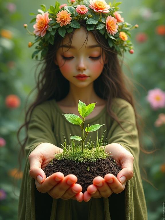 Mother Earth depicted as a Goddess holding fertile soil with a tender tree, grass, and flowers. Soft focus on gentle hands in a whimsical fantasy style.