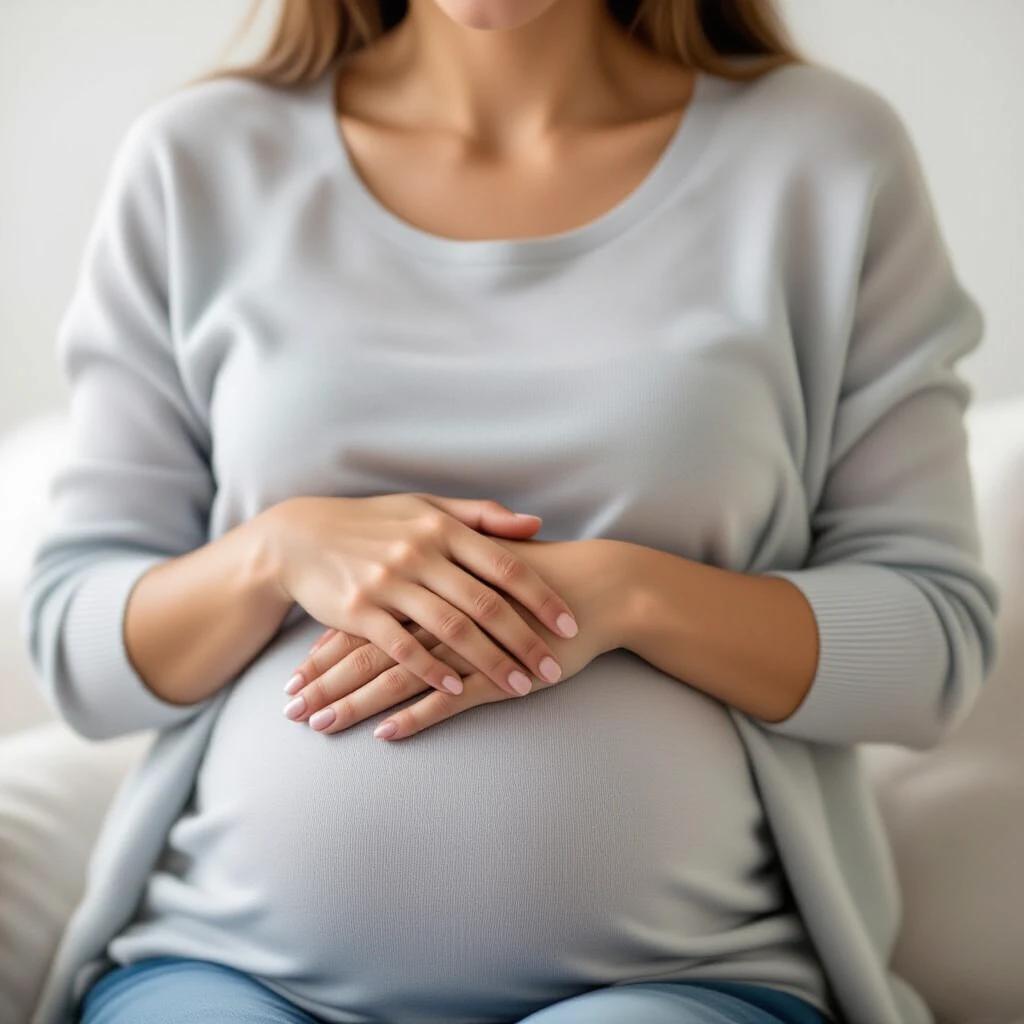 Pregnant woman experiences discomfort in wrist without showing face. She gently rests her hands on her rounded belly while wearing a soft gray sweater. Focus is on her hands and belly in a serene setting.
