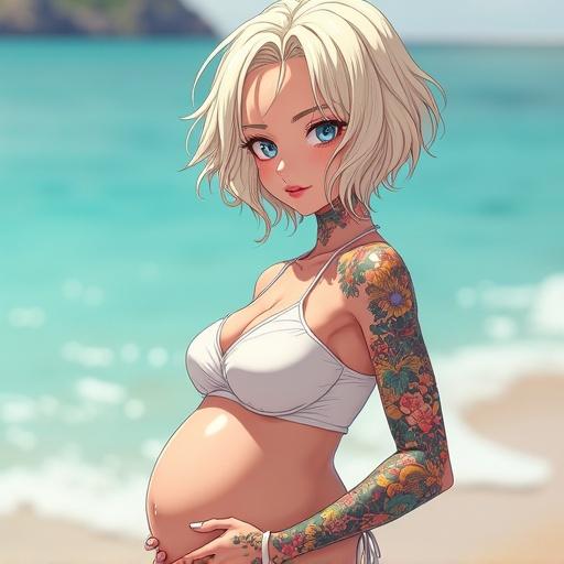 Anime character depicting a half Japanese half Saiyan pregnant woman. She has frosted blue eyes and short light blonde wavy hair. She is wearing an elegant white maternity dress. Colorful tattoos adorn her arms. She stands on a beach background, showcasing her classy look.