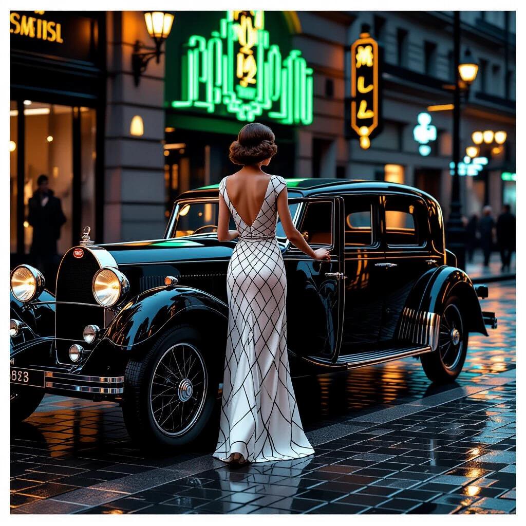A sophisticated woman turns her back to the camera in a knee-length white dress with geometric diamond patterns while opening the door of a parked 1924 Bugatti Type 35. The scene is set at midnight in 1925 Paris on wet cobblestones reflecting vibrant Art Deco neon lights. The woman exhibits a dynamic pose with one hand on the door handle. The car is glossy black with chrome wheels and leather interior visible.