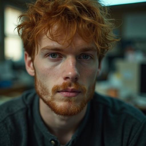 Photograph of a young man with messy ginger hair and unkempt facial hair in a dim office. Focus on his face with a long focal length.