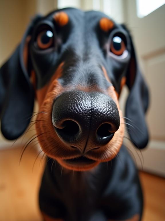 Close-up view of a black dachshund's nose. Fisheye lens distortion effect. Dog looking directly at the camera. Indoor setting with soft lighting.