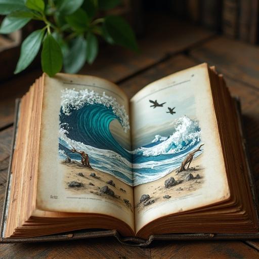 An ancient book open on a wooden table. A large three-masted ship seems to sail out from the pages creating waves. A beach is visible on a page with octopus tentacles emerging from the water and seagulls flying.
