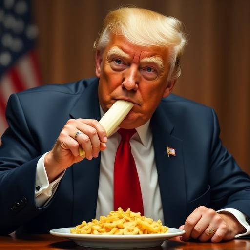 An impersonator of a public figure seated, holds a banana awkwardly in his mouth while facing a plate of pasta in front of him