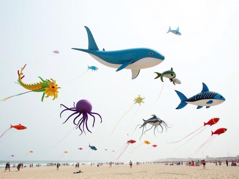 Photograph of a beach scene with colorful kites shaped like various sea creatures. Large blue whale, yellow and green dragon, purple octopus, black and white striped fish, blue and white shark, and red and black fish are seen flying in the sky. Bright daylight overcast background, sandy beach, small crowd in the distance. Kites are detailed, vibrant, some with long tails, tethered to the ground, positioned at different angles, higher kites indicate a beach festival event, evoking a fun and playful mood.