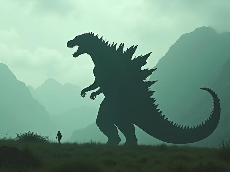 Dark cinematic scene with huge 300 ft tall T-Rex Godzilla silhouette. Grass landscape with small village and people visible. Mountains in the background shrouded in fog. Atmosphere is cloudy with a grey-green filter.