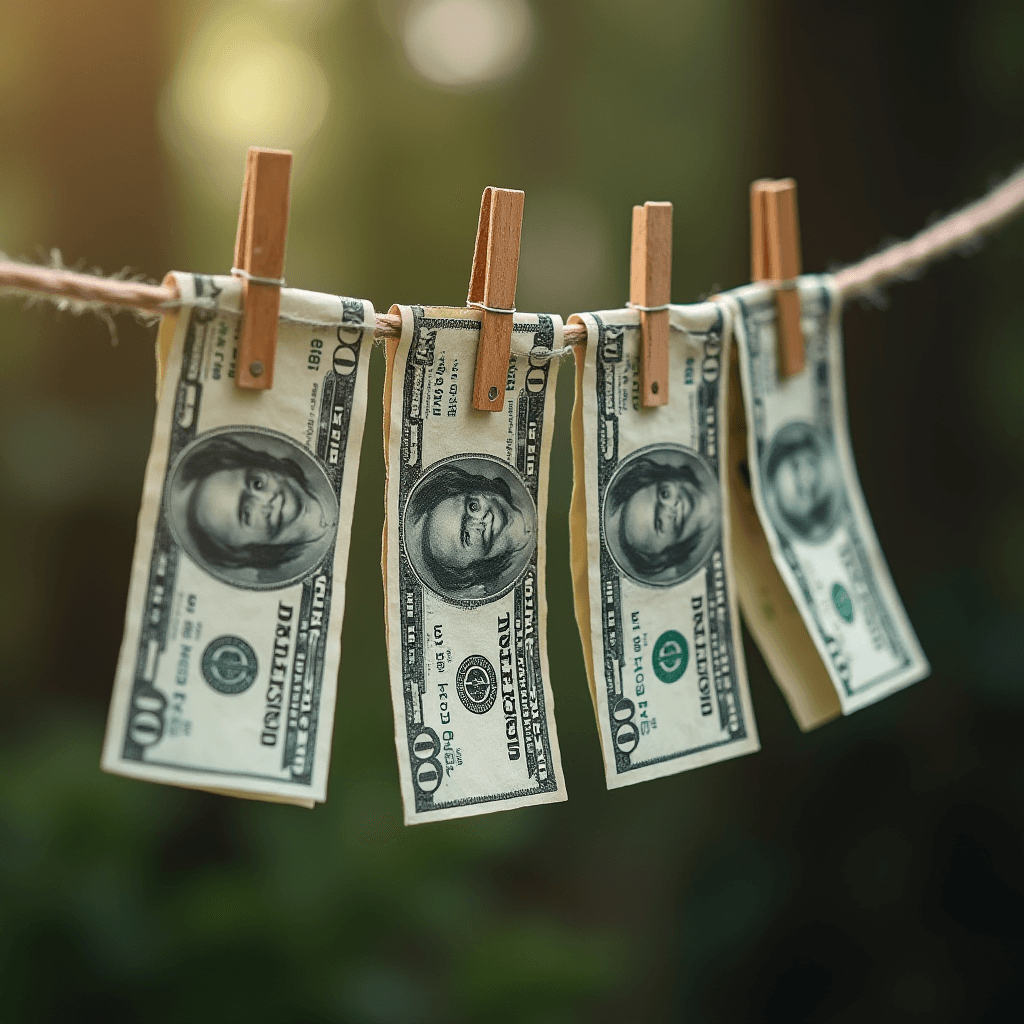 Four hundred-dollar bills are clipped to a clothesline with wooden pegs, set against a blurred, natural background.