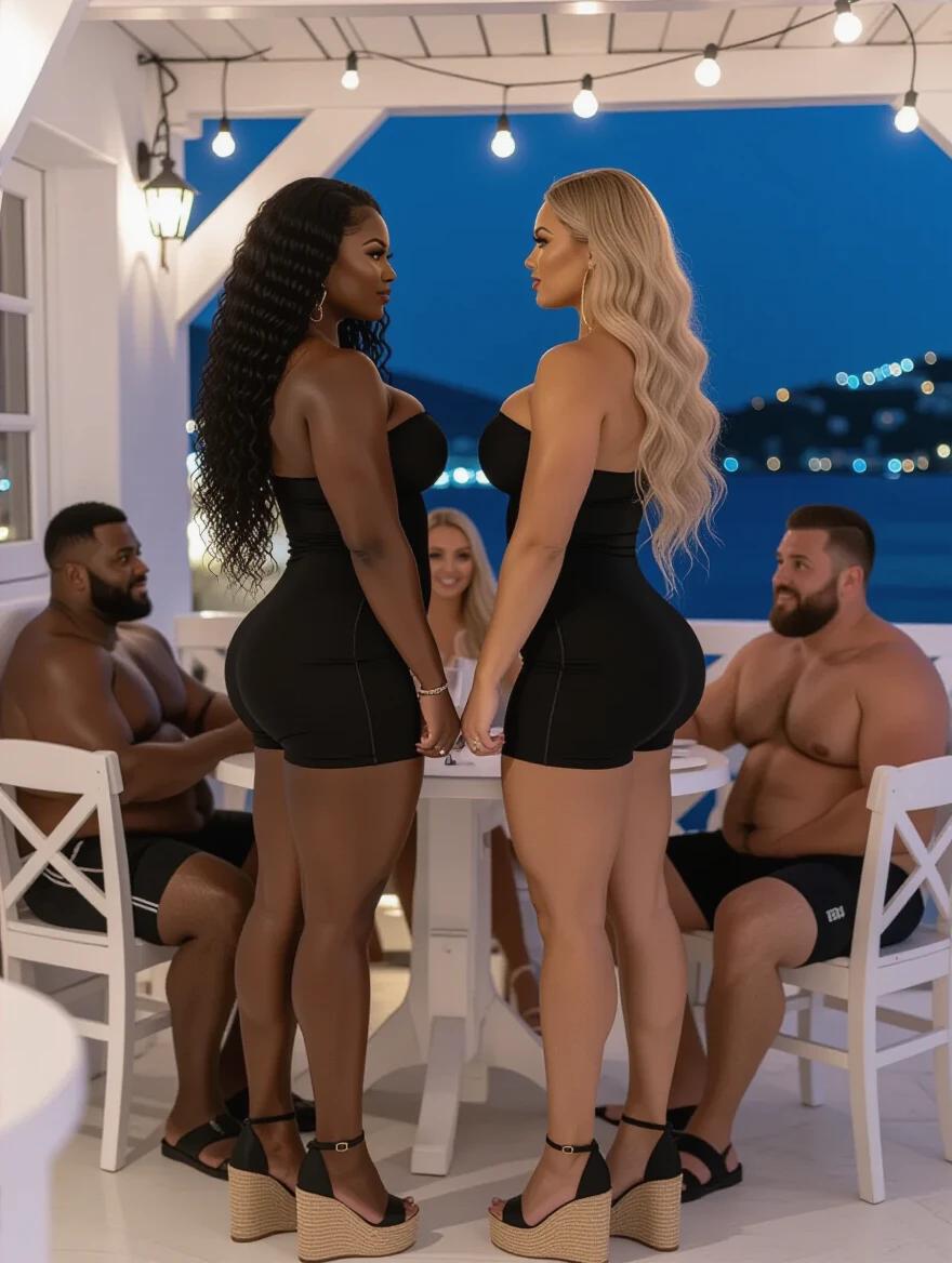 Two tall women wearing black dresses stand near a table. One has black curly hair and dark skin. The other has long blonde waves and light skin. They are on a terrace of a Mykonos tavern at night. Other people are seated at the table, looking at them in amazement.