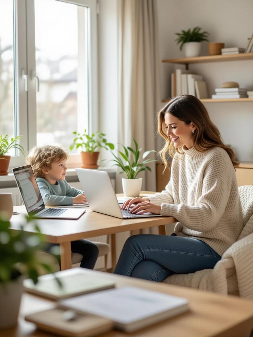 Photograph of a mother using a laptop in a cozy home office. A child plays quietly nearby. The setting has natural light and a warm color scheme. The workspace is organized and inviting. Emphasis on professional lifestyle and family interaction.
