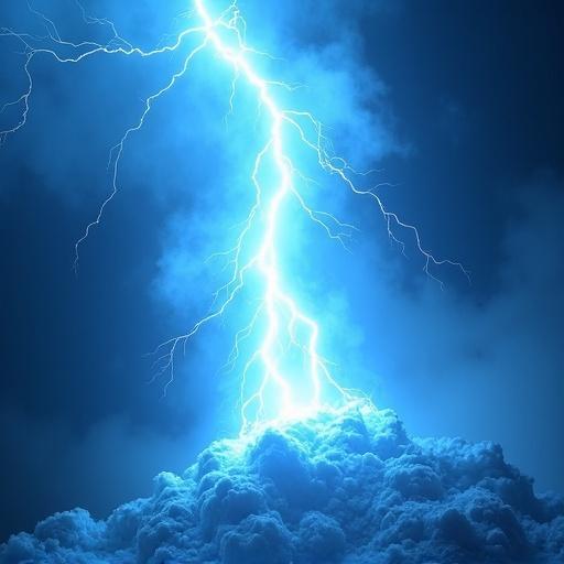 A blue electric discharge flash in the atmosphere. Bright and visible against a white background. Lightning interacts with clouds in a dynamic display.