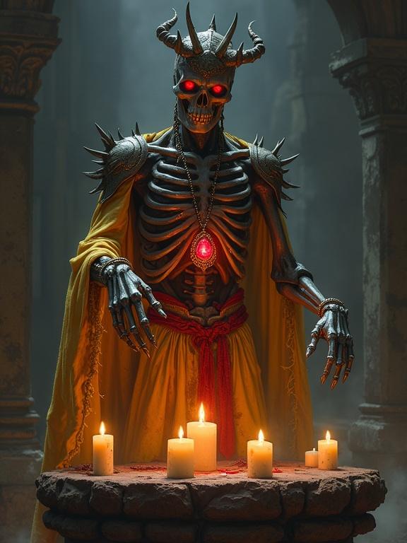 A powerful dark lich skeleton floats above a stone pedestal. Dimly glowing red eyes. Wears a spiked crown and shoulder plates exposing ribs. Long tattered dingy yellow skirt, dirty red sash. A glowing intricate red gemmed pendant. Arm reaches forth pointing at a spell.