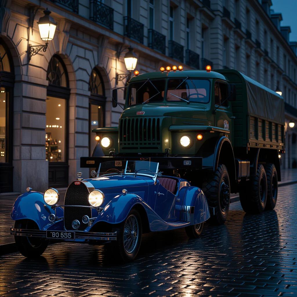 Image captures Bugatti Type 35 parked next to a Soviet military truck on rain-slicked cobblestones at night. Headlights of the truck illuminating the scene while reflections create artistic effects. Evokes a contrast between vintage elegance and military power.