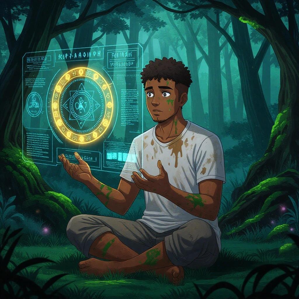A Dominican man sits cross-legged in a mystical forest. He has medium brown skin and short curly black hair. A glowing golden ring floats in front of him, projecting a holographic magical interface with glowing runes and ancient texts. He is wearing a wet white t-shirt and gray pants, muddy from a storm. The forest around him drifts with mist and glowing particles of light.
