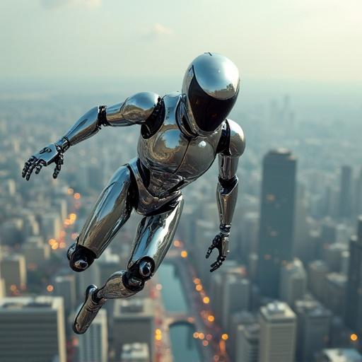 Sleek chrome robot soaring through a futuristic cityscape. Robot has a shiny metallic surface. City is filled with tall buildings and modern architecture. Sky is clear, creating a dramatic effect for the robot's flight.