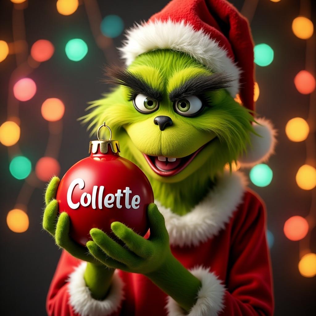 Grinch character holds Christmas ornament. Ornament has name Collette. Background features vibrant Christmas lights. Grinch wears red Santa hat and coat.