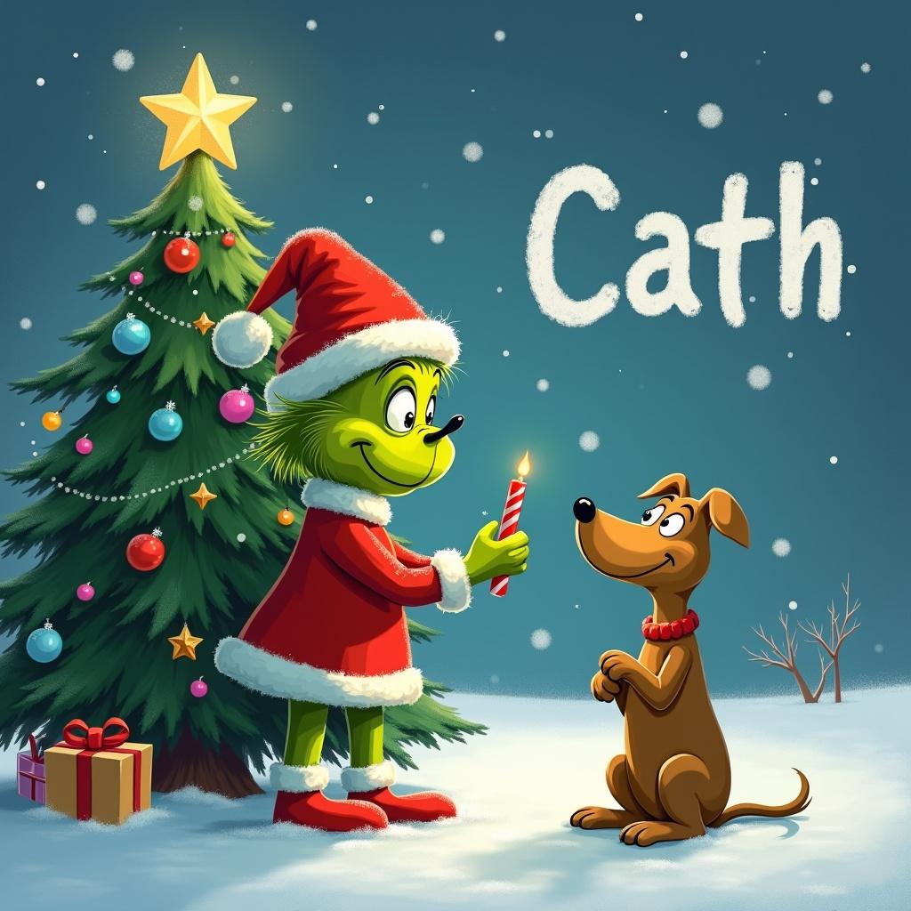 Cute Grinch character in a red and white outfit holding a candle next to a dog in a snowy landscape with a decorated Christmas tree in the background. The name 'Cath' is written in the snow.